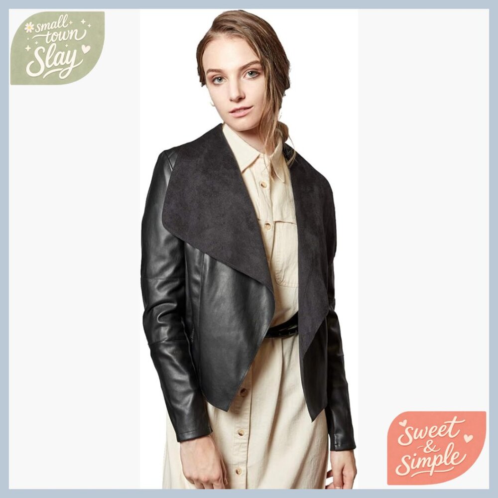 Slim Faux Leather Blazer Jacket Open Front Lapel Zipper Pockets